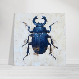 Blue Stag Beetle Art Print, Abstract Insect Wall Art on Textured White Background, Nature-Inspired Home Decor