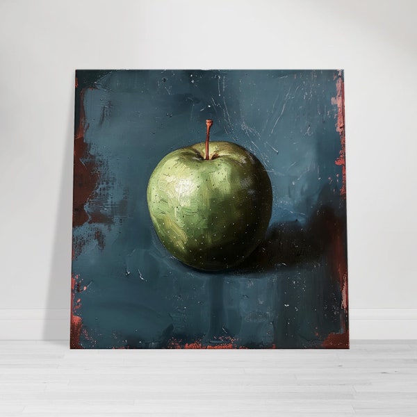 Fresh Green Apple Painting, Moody Blue Background, Contemporary Kitchen Art, Vibrant Green Apple Wall Decor, Modern Canvas Art