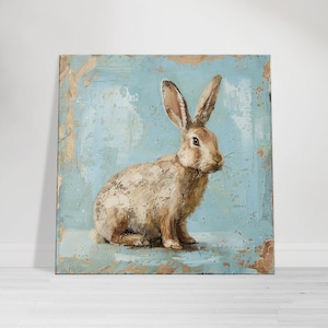 May include: A painting of a brown rabbit with white fur on a blue background. The rabbit is looking to the right and has long ears.