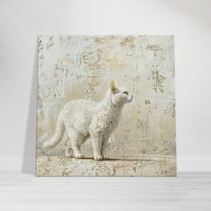 Serene Elegance in Monochrome, Textured White Cat in Repose, Downloadable Artwork for Modern Home Decor