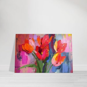 鮮やかな赤いチューリップのキャンバスプリント、モダンな装飾のための抽象的な花のアートワーク、大胆なオフィスの壁アート