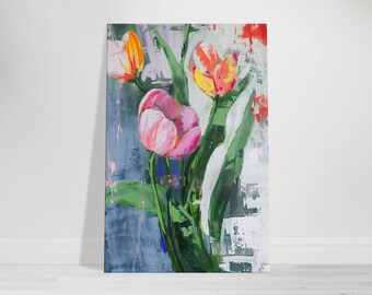 Colorful Tulip Canvas Wall Art, Impressionist Floral Painting