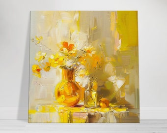 Yellow Floral Still Life Painting, Abstract Modern Art, Vibrant Yellow Vase, Impressionist Style, Home Decor Downloadable Digital File