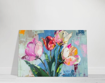 Quadro su tela con tulipani pastello / Dipinto con bouquet floreale rosa per camera da letto e cameretta / Decorazione botanica primaverile, regalo per la mamma