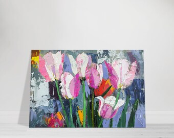 Pink Tulip Canvas Wall Art | Abstract Spring Floral Flower Painting for Living Room and Bedroom | Vertical Botanical Decor Gift