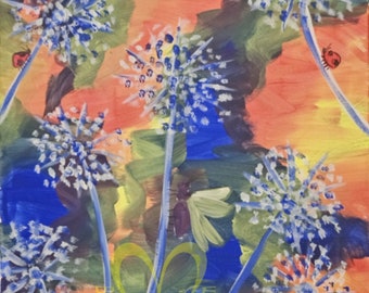 Agapanthus Garden - Original Acrylic Painting on Stretched Canvas 20"x16"  Signed