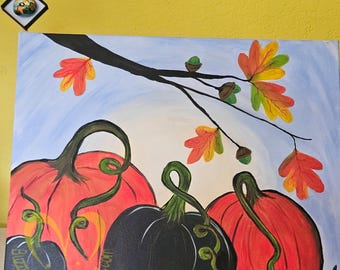 Fall Pumpkins- Original Autographed Acrylic on Canvas Painting with companion pictograph of Fall Pumpkins.