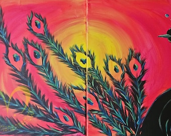 Peacock - Set of 2 Original Signed Acrylic Paintings on Stretched Canvas Wall Decor 20" x 16"