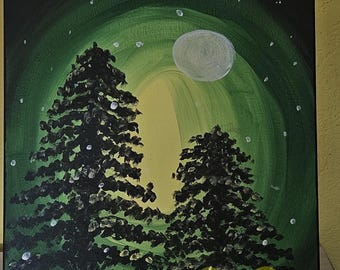 Evergreen Tree In Moonlight - Acrylic Painting on 20"x16" Stretched Canvas Autographed Original With with Matching Pictograph