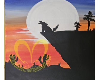 Coyote Sunset - Original Signed Acrylic Paintings on Stretched Canvas Wall Decor 20" x 16"