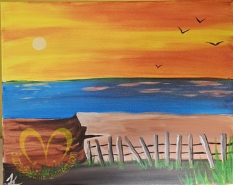 Seaside Sunrise Art - Original Acrylic Painting on Stretched Canvas 16"x20" - Signed