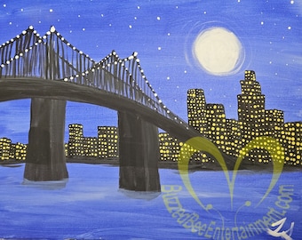 Moon over Bridge and City Skyline - Original Signed Acrylic Painting on Stretched Canvas  Wall Decor 20" x 16"