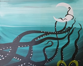 Octopus Reaching For The Moon - Original Signed Acrylic Painting on Stretched Canvas 20"x16"  Wall Decor