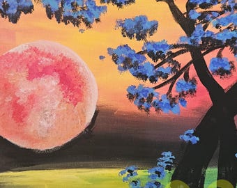 Blood Moon Over Water - Original Abstract Acrylic Painting on Stretched Canvas 20"x16" Signed