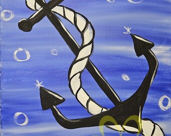 Anchor's Away Underwater -  Original Signed Acrylic Painting on Stretched Canvas 20"x16"  Wall Decor