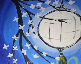 Lantern In Cherry Blossom Tree - Original Acrylic Painting on Stretched Canvas 20"x16" Signed