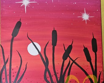 Sunset Cattail - Original Signed Acrylic Painting With Matching Pictograph