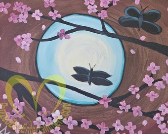 Cherry Blossom in Moonlight - Original Signed Acrylic Paintings on Stretched Canvas Wall Decor 20" x 16"