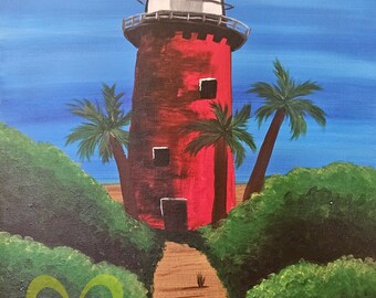 Beach Lighthouse - Original Signed Acrylic Painting on Stretched Canvas 20" x 16"