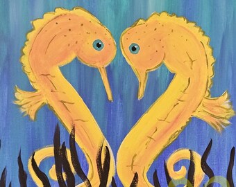 Underwater Seahorse Love  - Original Signed Acrylic Painting on Stretched Canvas 20"x16"  Wall Decor