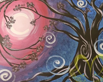 Moonlit Whimsical Tree - Original Signed Acrylic Paintings on Stretched Canvas Wall Decor 20" x 16"