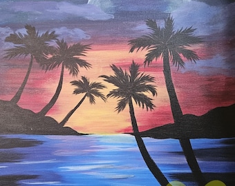 Summer Tropical Island Sunset - Original Acrylic Painting on Stretched Canvas 20"x16"