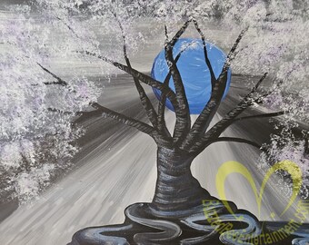 Twisted Blue Moon - Original Signed Acrylic Painting on Stretched Canvas  Wall Decor 20" x 16"