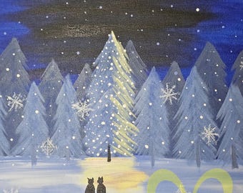 Snowy Winter Night Kitty Love - Original Acrylic Painting on Stretched Canvas 20"x16" Signed