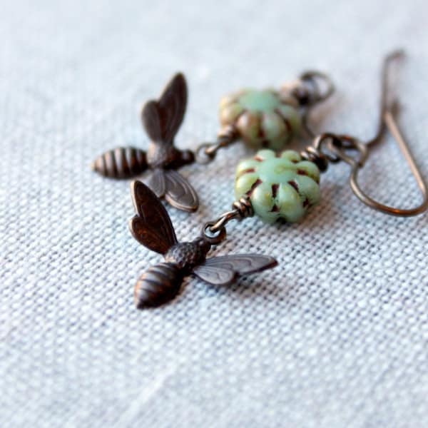 Bee Earrings / Honey Bee Brass Earrings / Dangle Earrings / Garden Sage Green Glass Flowers / Vintage Look / Natural Brass Bumble Bee