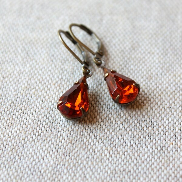 Madiera Topaz Vintage Glass Jewel Earrings, Antiqued Brass, Dark Orange Brown, Autumn