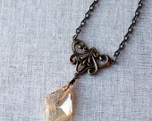 Golden Diamond Crystal Necklace, Brass Pendant Necklace Gunmetal Chain Mixed Metals Swarovski Crystal Golden Shadow Wire Wrapped
