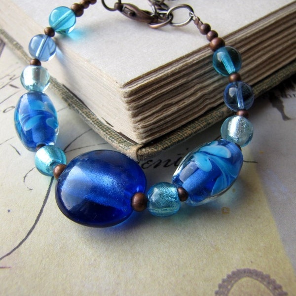 Sale, Blue Copper Bracelet,  Lampwork Glass, Blue Skies