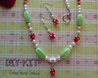 Strawberry Beaded Necklace & Earrings Kit: DIY Jewelry Making Supplies