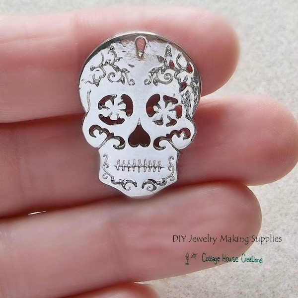Sugar Skull Charm 4pc for DIY Jewelry Making Lead Free Pewter Flowering Skull Day of the Dead Dia de los Muertos