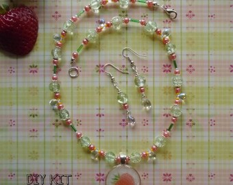 Strawberry Beaded Necklace Kit with Earrings Jewelry Making Supplies with Photo Instructions