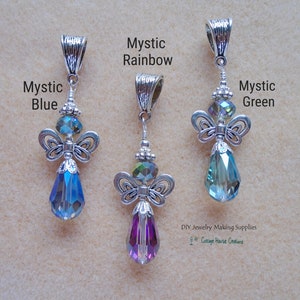 Angel Crystal Beaded Pendant Charms Metallic Mystic Blue Green Gold Rainbow. Choose Bail, Loop or Lobster Claw For Wedding, Birth, Guardian