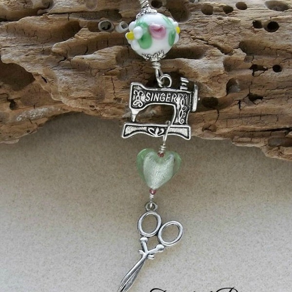 Mother's Day Sewing Machine Necklace Antiqued Silver with Lampwork Beads and Adjustable Extender Gift Boxed