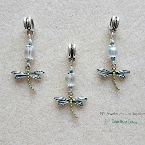 Dragonfly Damselfly European Bead Large Hole Charm Bead Dangles for DIY Bracelets 3pc.