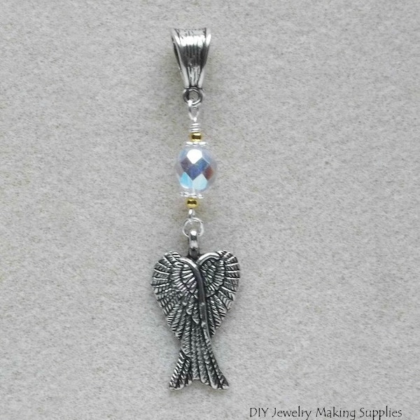 Folded Angel Wings Crystal Beaded Charm Focal Protection Pendant Slider Bail