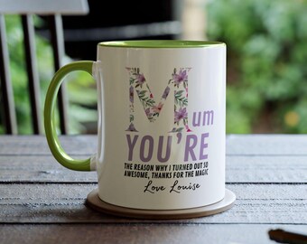 Mum You&#39;re the Reason I Turned Out so Awesome, Personalised with your name, White Mug with coloured handle and inside.