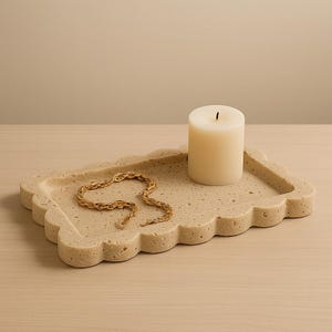 Bandeja de travertino festoneado artesanal: tocador de piedra natural y decoración del hogar (28 x 16 x 2 cm)