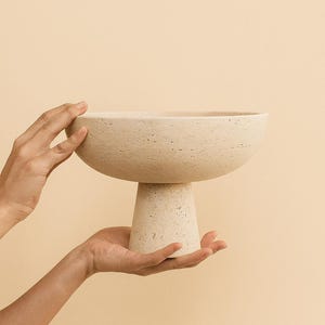 Travertine Pedestal Bowl – Solid Stone Centerpiece, Natural Stone Look Decorative Bowl for Modern Minimalist Homes