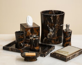 Luxury Black & Gold Marble 7-Piece Bathroom Set | Handmade Natural Stone Accessories | Modern Spa Decor
