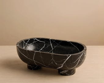 Handmade Black Zebra Marble Fruit Bowl: Luxury Stone Centerpiece