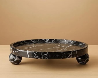 Handmade Black Zebra Marble Tray: Modern Home Decor Centerpiece