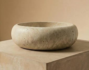 Bol de travertino – Centro de mesa decorativo de piedra natural / Exhibición de mármol pulido / Decoración minimalista de piedra para el hogar
