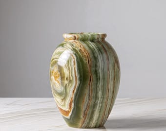 Handcrafted Green Onyx Marble Vase: Natural Stone Sculpture