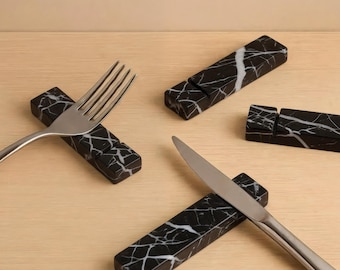Handmade Black Zebra Marble Cutlery Rests - Set