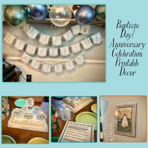 Peut inclure: Une bannière imprimable avec le texte "Happy Baptism Day!" en bleu et blanc. La bannière est décorée d'images d'anges et d'une robe de bébé. Il y a aussi des ballons bleus et blancs en arrière-plan. Le texte "Baptism Day/ Anniversary Celebration Printable Decor" est écrit en noir sur fond blanc.