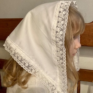 Chapel Veil/Mantilla for little girls and toddlers, Catholic Mass. White triangle kerchief veil with sewn-in headband.